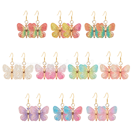 10 Paar baumelnde Ohrringe aus Kunstharz mit glitzernden Schmetterlingen in zwei Farben EJEW-AB00006-1