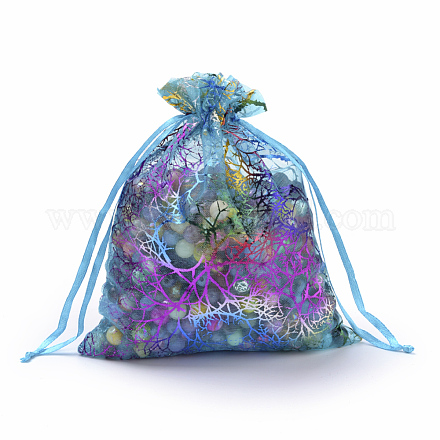 オーガンジーギフトバッグ巾着袋  巾着袋  カラフルなサンゴ模様  長方形  ダークターコイズ  15x10cm OP-Q051-10x15-01-1