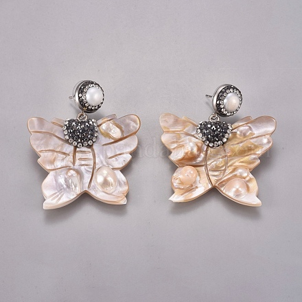 Natural Shell Pearl Dangle Stud Earrings EJEW-I237-01-1