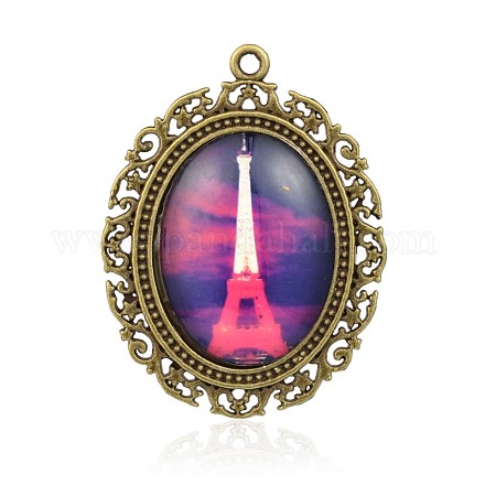 Nickel Free Antique Bronze Plated Alloy Eiffel Tower Photo Glass Big Pendants PALLOY-J576-01AB-NF-1