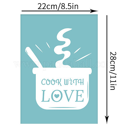 粘着性のシルクスクリーン印刷ステンシル  木に塗るため  DIYデコレーションTシャツ生地  愛を込めて料理する言葉の鍋  空色  28x22cm DIY-WH0173-025-1
