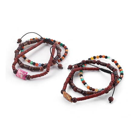 Bois de santal naturel et agate de couleur et agate de feu et ensembles de bracelets extensibles en turquoise synthétique et perles de bois BJEW-JB04015-1