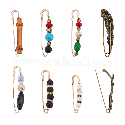 Nbeads 8Pcs 8 Style Branch & Feather & Bamboo Shape Alloy & Iron Safety Pin Brooches JEWB-NB0001-15-1