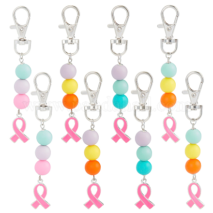 Ph pandahall 8 pièces rose ruban sensibilisation porte-clés silicone perle porte-clés longes sac pendentif ruban sensibilisation au cancer du sein ruban porte-clés cadeau pour maman HJEW-PH0001-52-1