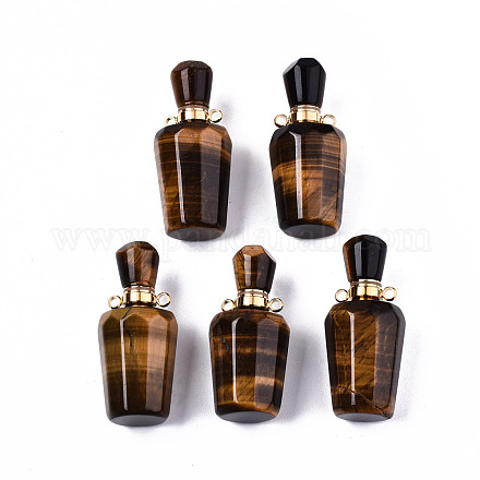 ファセットナチュラルタイガーアイペンダント  開閉可能な香水瓶  ゴールデントーン真鍮パーツ  ボトル  36x15.5x15mm  穴：1.8mm  ボトル容量：1ml（0.034液量オンス） G-T131-14D-1