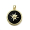 Brass Micro Pave Cubic Zirconia Pendants, with Resin, Flat Round, Cadmium Free & Lead Free, Rack Plating, Long-Lasting Plated, Real 18K Gold Plated, Black, 22.5x20x4mm, Hole: 4x3.5mm