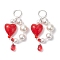 Brass Heart Hoop Earrings, with Shell Pearl & Glass Pendants, Platinum, 55.5x30mm