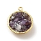 Natural Amethyst Chip Pendants, with Rack Plating Real 18K Gold Plated Brass Findings, Round, Cadmium Free & Nickel Free & Lead Free, 24x20x10~13mm, Hole: 1.8mm