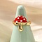 Brass Enemel Adjustable Open Cuff Rings for Women, Cadmium Free & Lead Free, Mushroom, Real 16K Gold Plated, Adjustable; 16.5x14.5mm