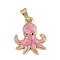 Brass Micro Pave Cubic Zirconia Pendants, Octopus, with Enamel, Cadmium Free & Lead Free, Real 18K Gold Plated, Pink, 20x16x2.5mm, Hole: 3mm