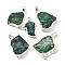Raw Rough Natural Dyed Quartz Crystal Pendants, Nuggets Charms, with Brass Findings, Silver Color Plated, Green, 21~45x18~39x8~19mm, Hole: 7x4.5mm
