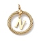 304 Stainless Steel Pendants, Twisted Flat Round with Letter, Ion Plating(IP), Real 18K Gold Plated, with Jump Rings and 201 Stainless Steel Beads, Letter N, 27x23.5~24x6mm, Hole: 3mm