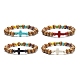 Bracelet extensible en perles de bois naturel et croix turquoise synthétique (teinte) pour femmes BJEW-JB09150-1