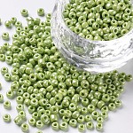 Perles de rocaille en verre, couleurs opaques lustered, ronde, jaune vert, 3mm, Trou: 1mm, environ 10000 pcs / livre