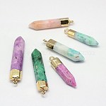 Natural Dyed Crystal Pencil Pointed Pendants, with Golden Color Brass Findings, Bullet, Mixed Color, 30~52x8~9x8~9mm, Hole: 2mm