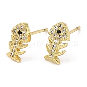 Серьги-гвоздики из латуни с фианитами и рыбьей косточкой EJEW-D061-06G