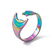 Ion Plating(IP) 304 Stainless Steel Moon & Star Open Cuff Ring for Women RJEW-C045-19M