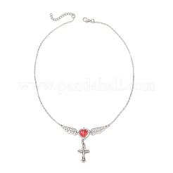 Женские колье-цепочки с подвеской в виде красного крылатого сердца и креста из латуни.&nbsp;NJEW-JN05909
