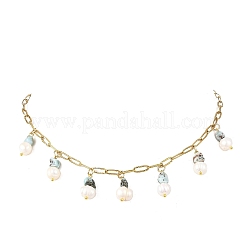 Collares de cadena tipo clip de acero inoxidable 304 con fragmentos de larimar natural y borla de perlas para mujer.&nbsp;NJEW-JN06528-02