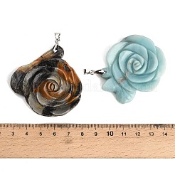 天然の花をモチーフにしたアマゾナイト彫刻の大きなペンダント  真鍮のスナップオンベイル付きフラワーチャーム  ステンレス鋼色  37~53x41~52x9~14mm  穴：6x4.5mm&nbsp;GG-CBA3958-01P