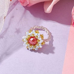 女性用フラワーガラスシードビーズストレッチリング  ミックスカラー  17mm  内径：20mm  3個/セット&nbsp;RJEW-MZ00022