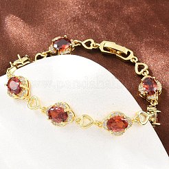 真鍮製パヴェキュービックジルコニアハートフラワーリンクチェーンブレスレット（女性用）  ラックめっき  長持ちメッキ  カドミウムフリー＆鉛フリー  18KGP本金メッキ  レッド  7.40インチ（18.8cm）&nbsp;KK-CBA68DA-13G-01