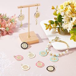 10個10スタイル真鍮エナメルペンダント  丸カン付き  18KGP本金メッキ  長持ちメッキ  クロスまたは聖人とフラットラウンド  ミックスカラー  23x20.5x2mm  穴：3mm  1個/スタイル&nbsp;KK-FH0003-18