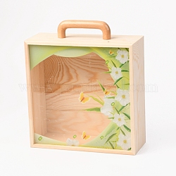 Caja de almacenamiento de madera, con tapa y asa transparentes con motivos florales acrílicos, cuadrado, verde, 19.5x8.5x23 cm