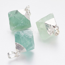 Natural Fluorite Nuggets Plated Pendants, with Silver Color Plated Brass Finding, 34~41x30~36x30~36mm, Hole: 8x5mm