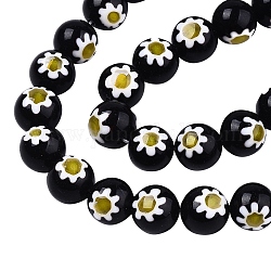 Chapelets de perles en verre de millefiori manuelles, ronde avec motif de fleurs, noir, 10mm, Trou: 1.2mm, Environ 36~38 pcs/chapelet, 13.78 pouce ~ 14.88 pouces (35 cm ~ 37.8 cm)
