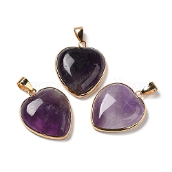 Natural Amethyst Pendants, Heart Charms, with Golden Tone Iron and Brass Findings, 29x24x7mm, Hole: 6~6.5x3~3.5mm