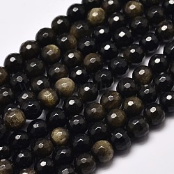 Facettes rondes brillance dorée naturelle obsidienne perles brins, 6mm, Trou: 1mm, Environ 64 pcs/chapelet, 15.4 pouce