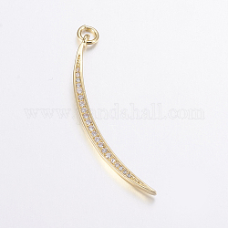 Brass Micro Pave Cubic Zirconia Pendants, Long-Lasting Plated, Real 18K Gold Plated, Moon, 39x8x2mm, Hole: 3mm