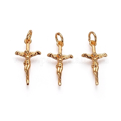 Colgantes de latón, con anillos de salto, cruz crucifijo, para la Pascua, dorado, 20x10x2mm, agujero: 3 mm