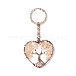 Porte-clés pendentif citrine naturelle, avec accessoires en laiton et porte-clés en alliage, coeur avec l'arbre de la vie, 10.7 cm