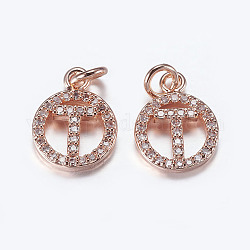 Brass Micro Pave Cubic Zirconia Pendants, Cadmium Free & Lead Free, Flat Round, Letter.T, Rose Gold, 16x10x2~2.5mm, Hole: 2.5~3mm
