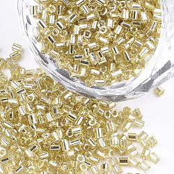 Grado a perline di semi di vetro, esagono (due tagli), argento rivestito, verga d'oro pallido, 1.5~2.5x1.5~2mm, Foro: 0.8 mm, circa 2100pcs/scatola, 450 g / borsa