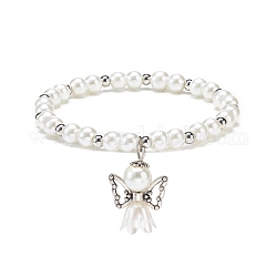Braccialetto elasticizzato con perline in vetro e plastica imitazione perla con fascino fatato in lega per le donne, bianco, diametro interno: 2-1/4 pollice (5.7 cm)