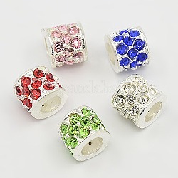 Alloy Rhinestone European Beads, Large Hole Beads, Column, Silver Metal Color, Mixed Color, 10x8mm, Hole: 5mm
