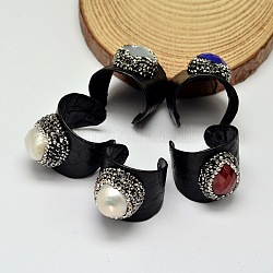 Snakeskin imitation cuir anneaux de manchette, anneaux ouverts, avec strass en pâte polymère, coquille, perle, pierres fines, perles de jade, noir, 21mm