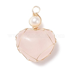 Ciondoli in quarzo rosa naturale e perle d'acqua dolce, con vero filo di rame placcato oro 18k avvolto, cuore, 33~36.5x24.5x8.5~11.5mm, Foro: 4 mm