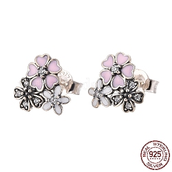 925 Sterling Silver Enamel Stud Earrings, with Cubic Zirconia, with 925 Stamp, Flower, Antique Silver, 10x11mm