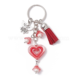 Porte-clés acrylique coeur, avec pompon en faux suède, pendentifs en alliage d'ange et porte-clés fendus en fer, firebrick, 9.8 cm, pendentifs: 15~47x10~23x6 mm