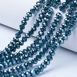 FilI di perline in vetro placcato, lustro di perla placcato, sfaccettato, rondelle, verde scuro, 6x5mm, Foro: 1 mm, circa 87~90pcs/filo, 17~17.5 pollice (42.5~43.75 cm)