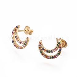 Brass Micro Pave Cubic Zirconia Stud Crawler Earrings, Climber Earrings, Crescent Moon, Golden, Colorful, 12x10mm, Pin: 0.8mm