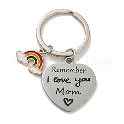 Mother's Day Gift 201 Stainless Steel Heart with Word Remember I Love You Mom Keychains, with Rainbow Alloy Enamel Charm and Iron Key Rings, Stainless Steel Color, 6.2cm