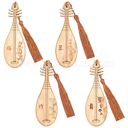 Nbeads 4Pcs 4 Style Ancient Musical Instrument Pipa Chinese Style Bookmark with Tassels for Book Lover, Chinese Character and Drawing Engraved Bamboo Bookmark, BurlyWood, Mixed Patterns, 120.5x39.5x2.3mm, 1pc/style