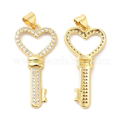 Brass Micro Pave Clear Cubic Zirconia Pendants, Heart Key, Real 16K Gold Plated, 32x15.5x3mm, Hole: 4x3.5mm