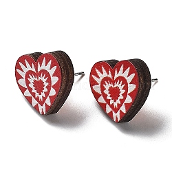 Boucles d'oreilles en bois imprimées sur le thème de la saint-valentin pour femmes, avec des épingles en 316 acier inoxydable, cœur, 15x16.5mm