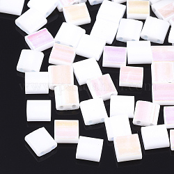 Electroplate Opaque Glass Seed Beads, 2-Hole, Rectangle, AB Color Plated, White, 5x4.5~5.5x2~2.5mm, Hole: 0.5~0.8mm